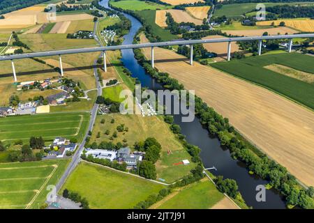 Aerial view, Franky`s Wasserbahnhof Mintard Hotel am Fluss Ruhr, Mintarder Ruhrtalbrücke, Campingplatz Am Damm, Saarn, Mülheim an der Ruhr, Ruhrgebiet Stock Photo